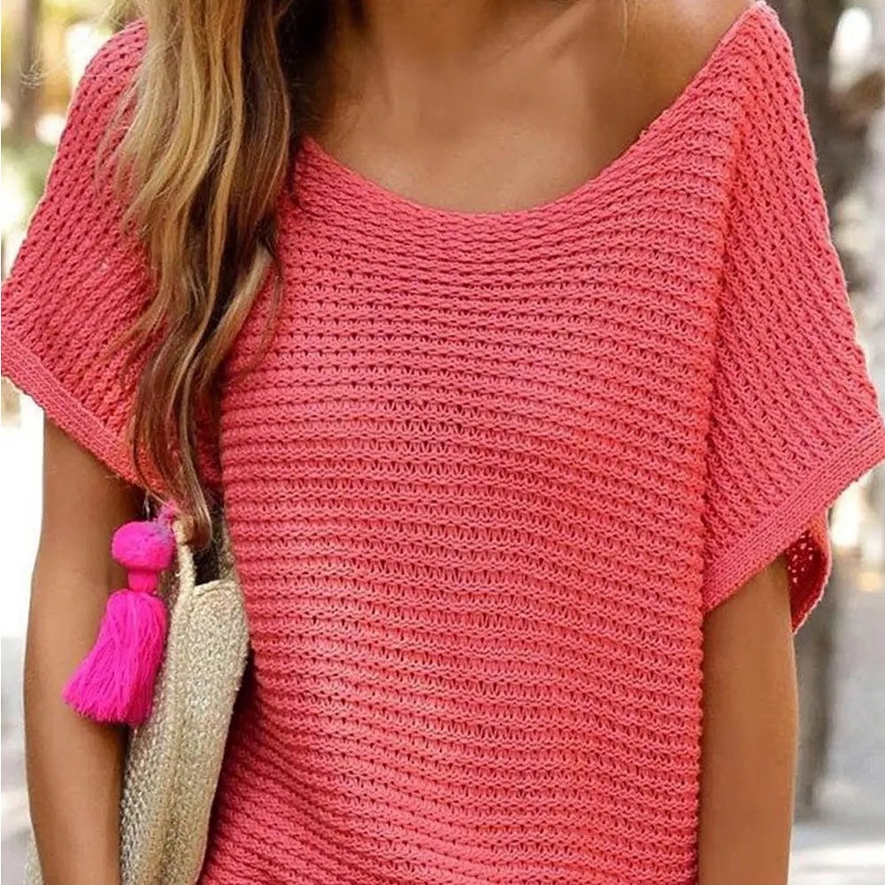 Chic Off-the-Shoulder Coral Knit ‘Sweater’ Top